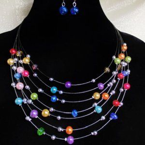 💖Seven Rows of Colorful Fashion Pearls Necklace/Earrings. 20 inches Long /NS194